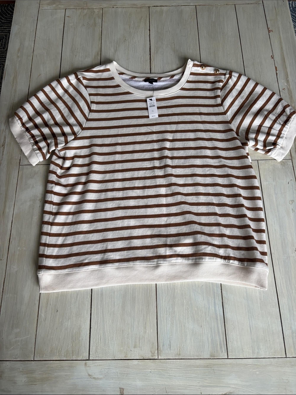 Talbots NWT Brown Cream Stripe Short Sleeve Sweatshirt XL